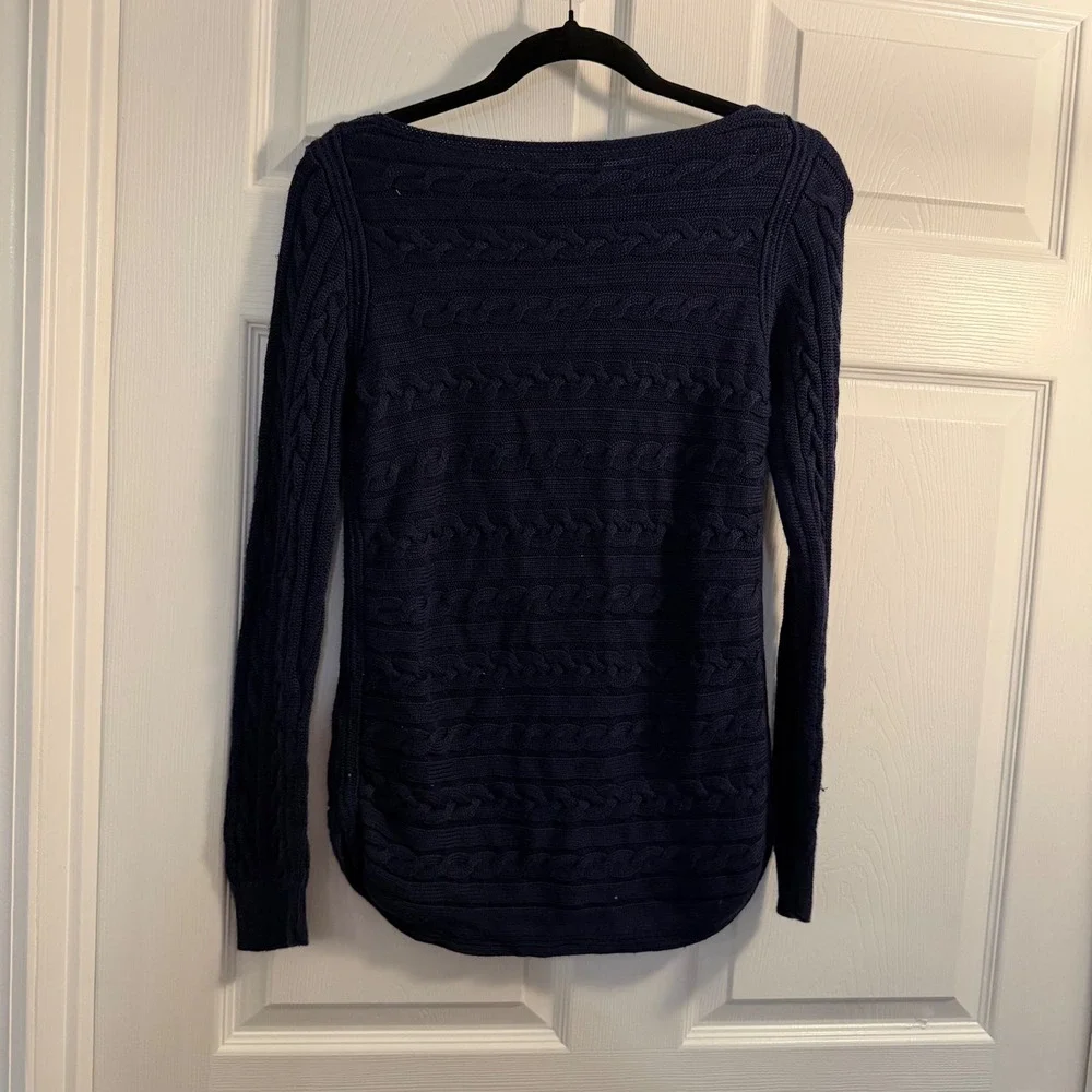 Lauren Ralph Lauren Cable‎ Knit Sweater Navy Blue Small Boat Neck Classic Casual
